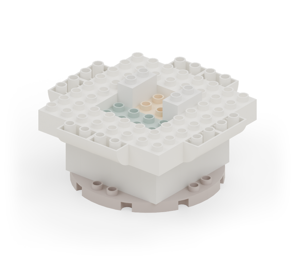 Put a white square in each corner of the wider shell. Add two white curved-bottom bricks along each side, rounded ends pointing outwards. Keep the middle open. New additions are shown in their original colours; earlier pieces are lighter.