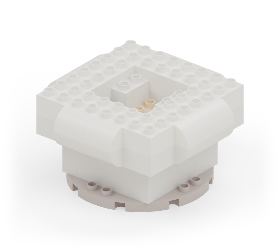 Add another white square in each corner. Put curved-top bricks above the curved-bottom bricks, rounded ends pointing outwards. New additions are shown in their original colours; earlier pieces are lighter.