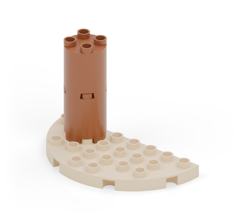Build a palm trunk on the left with two brown round tower bricks, one above the other.
