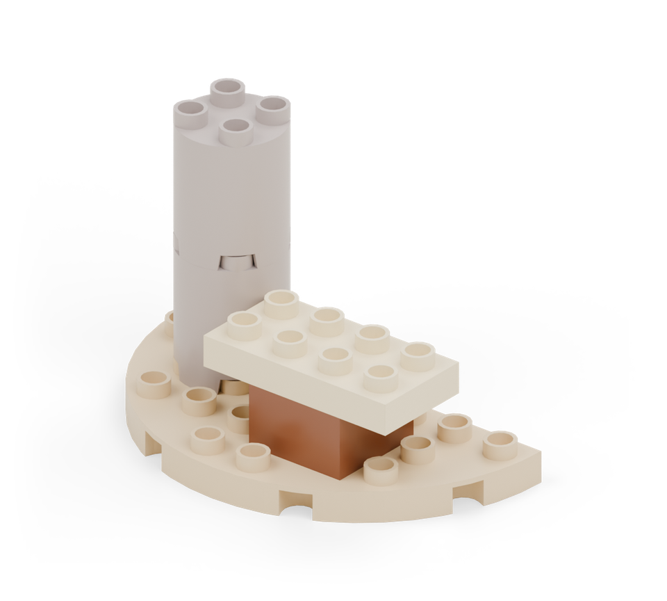 Put a brown square to the right of the trunk for the seat support. Add a cream small plate across it, with one stud column overhanging each side.