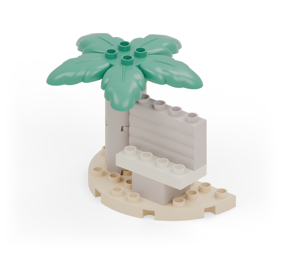 Finish the palm with the green leaves. Keep the wide canopy above the seat as you lower it onto the trunk.