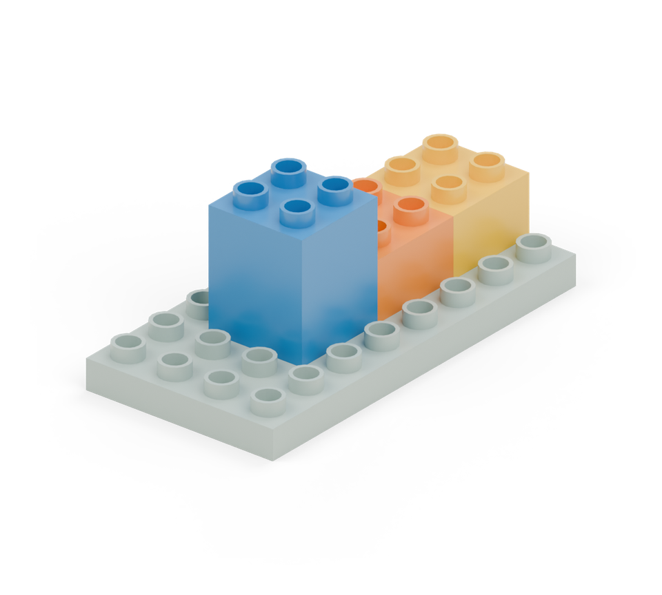 Leave one stud column free along each side. Place the yellow square at the front, the orange square behind it, and the tall blue square behind the orange brick. New additions are shown in their original colours; earlier pieces are lighter.