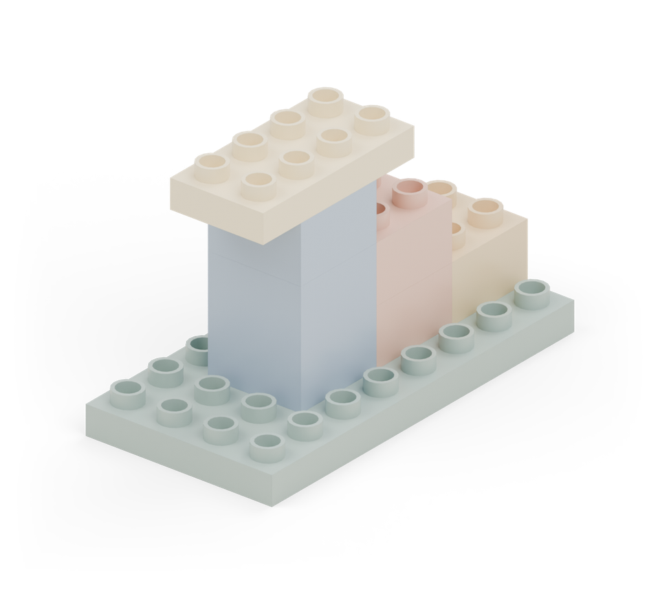 Place the cream small plate on the highest blue brick. Leave one row of the plate overhanging at both the front and the back. Press it into place. New additions are shown in their original colours; earlier pieces are lighter.