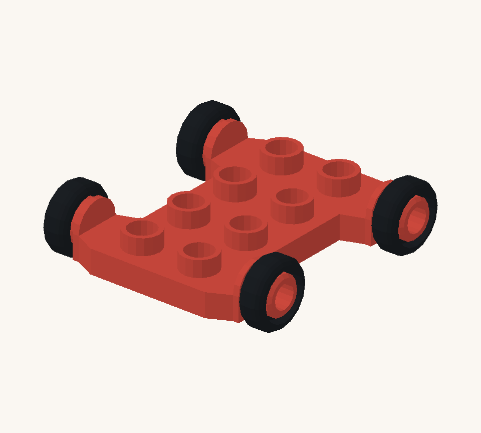 Set the red wheeled base on the table. It already has four black wheels; its two rows of top studs run along the car. New additions are shown in their original colours; earlier pieces are lighter.