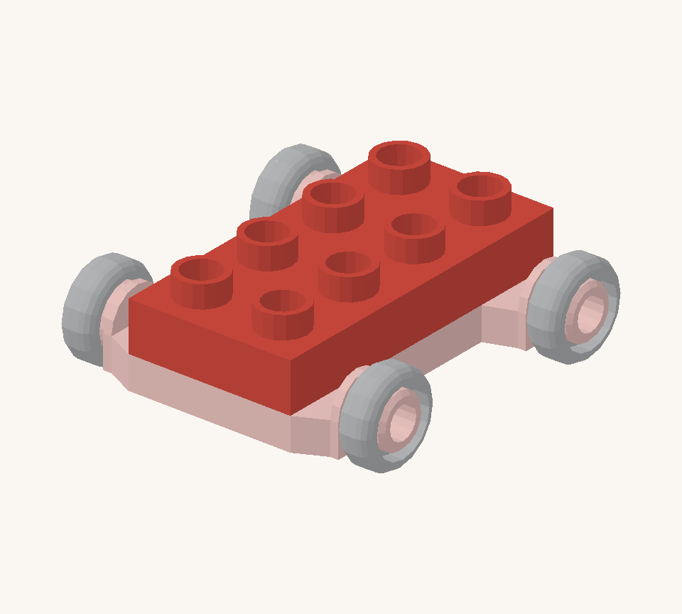 Put the red small plate on all eight chassis studs to raise the body above the tyres. New additions are shown in their original colours; earlier pieces are lighter.