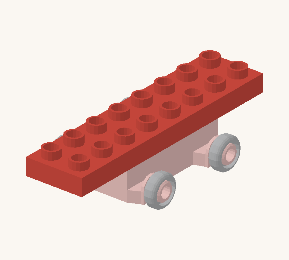 Centre the red long plate lengthways over the chassis, overhanging by two stud rows at each end. New additions are shown in their original colours; earlier pieces are lighter.