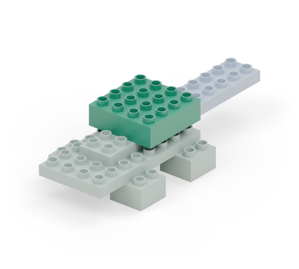 Step 4: Put two green 2 × 4 bricks side by side over the middle spine. Their back edges line up with the back edge of the broad floor.