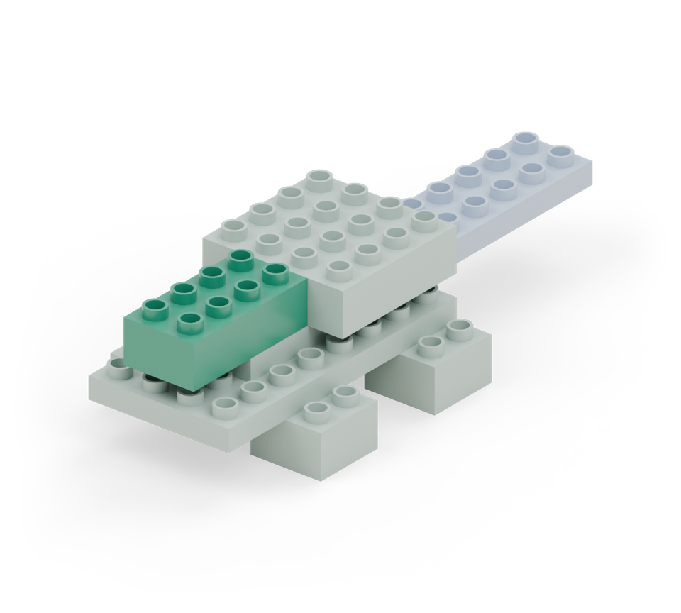 Step 5: Put a green 2 × 4 brick directly in front of the body, centred left to right. Its back two rows sit on the green spine plate.