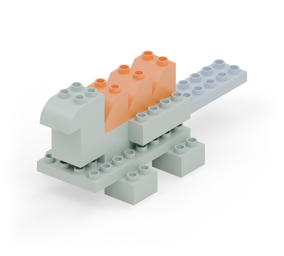 Step 7: Put three orange slopes in a row down the middle of the back, starting at the back edge of the body. Their high edges face backwards.