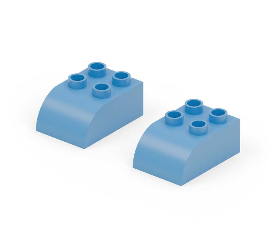 Set two blue curved bricks side by side, rounded toes towards you. Leave a two-stud gap between them. New additions are shown in their original colours; earlier pieces are lighter.