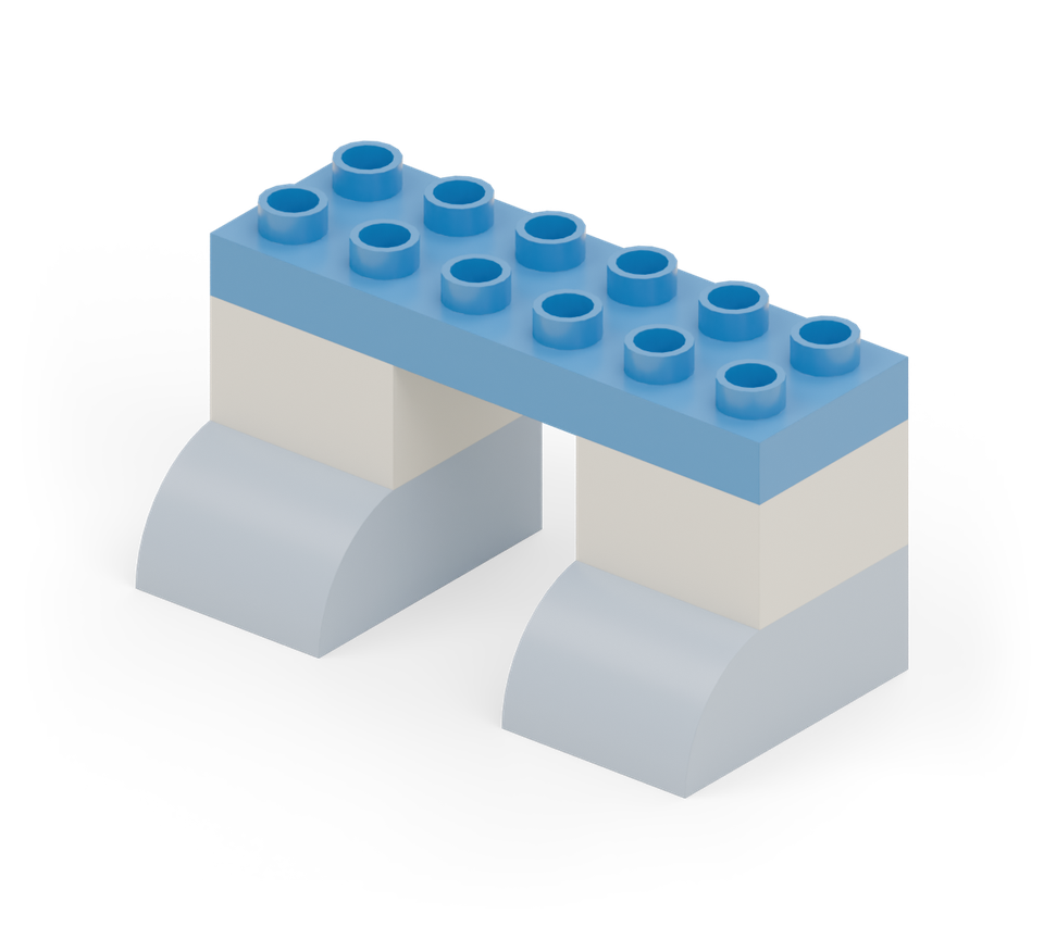 Join the legs with the blue 2 × 6 plate laid across them. Its ends line up with the outer edges of the legs. New additions are shown in their original colours; earlier pieces are lighter.
