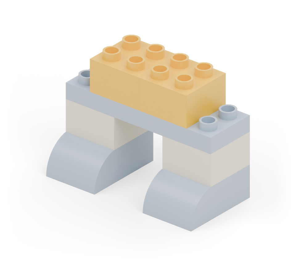 Centre two yellow square bricks side by side on the hip plate. Leave one blue stud column visible at each end. New additions are shown in their original colours; earlier pieces are lighter.