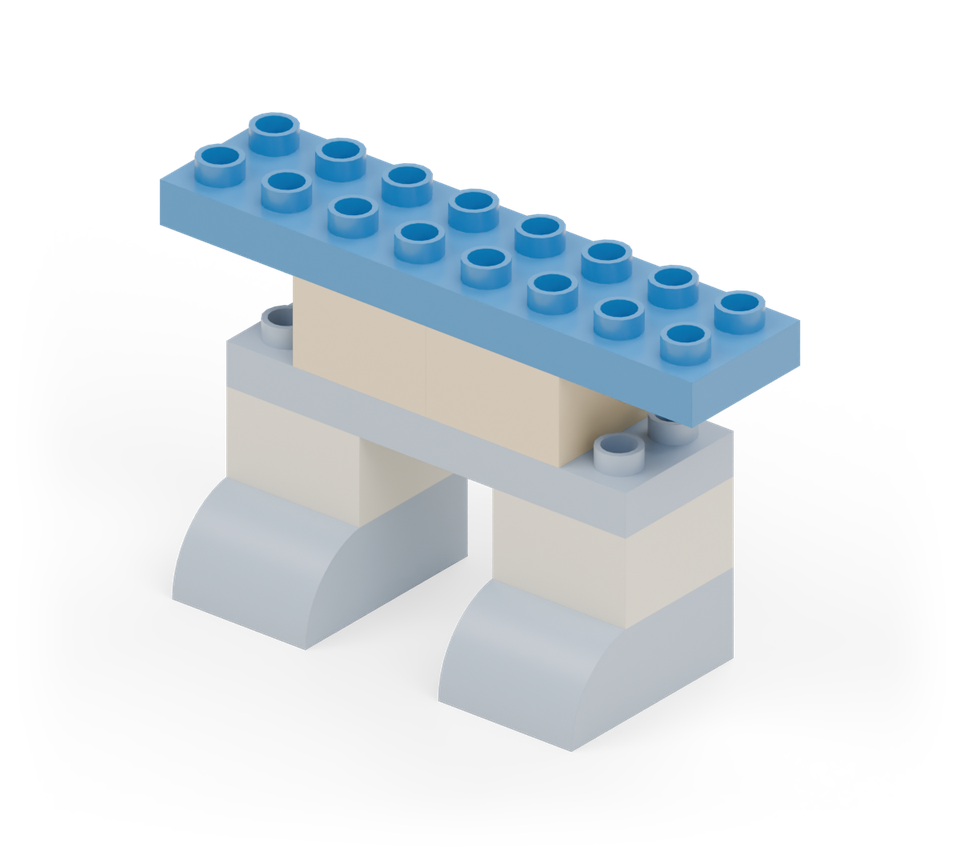 Centre the blue 2 × 8 plate across the yellow body. It extends two stud columns beyond the yellow body on each side. New additions are shown in their original colours; earlier pieces are lighter.