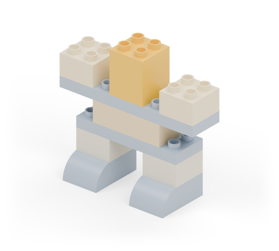 Stand the yellow double-height square in the middle of the shoulder plate. Add a cream square at each outer end as the two hands. Leave one blue stud column between each hand and the chest. New additions are shown in their original colours; earlier pieces are lighter.