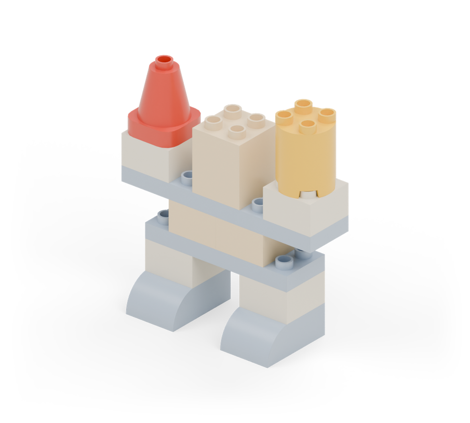 Put a red cone on the left hand and a yellow round tower brick on the right. These two tools can swap places. New additions are shown in their original colours; earlier pieces are lighter.