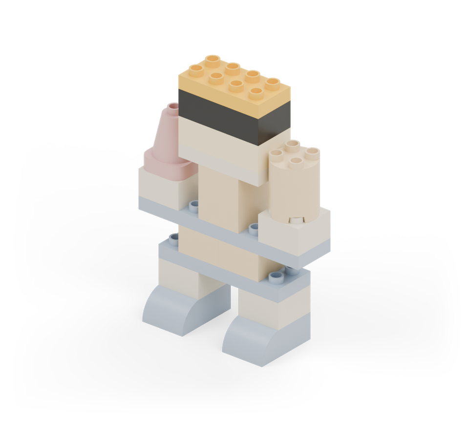 Build the head with a cream 2 × 4 brick, then a black 2 × 4 brick for the visor. Cap it with a yellow 2 × 4 plate. New additions are shown in their original colours; earlier pieces are lighter.