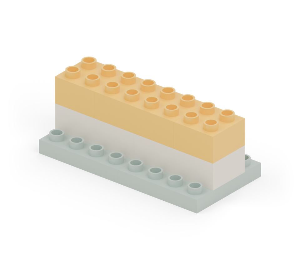 Join the middle seam with a yellow long brick. Put a yellow square at each end to finish the layer. New additions are shown in their original colours; earlier pieces are lighter.