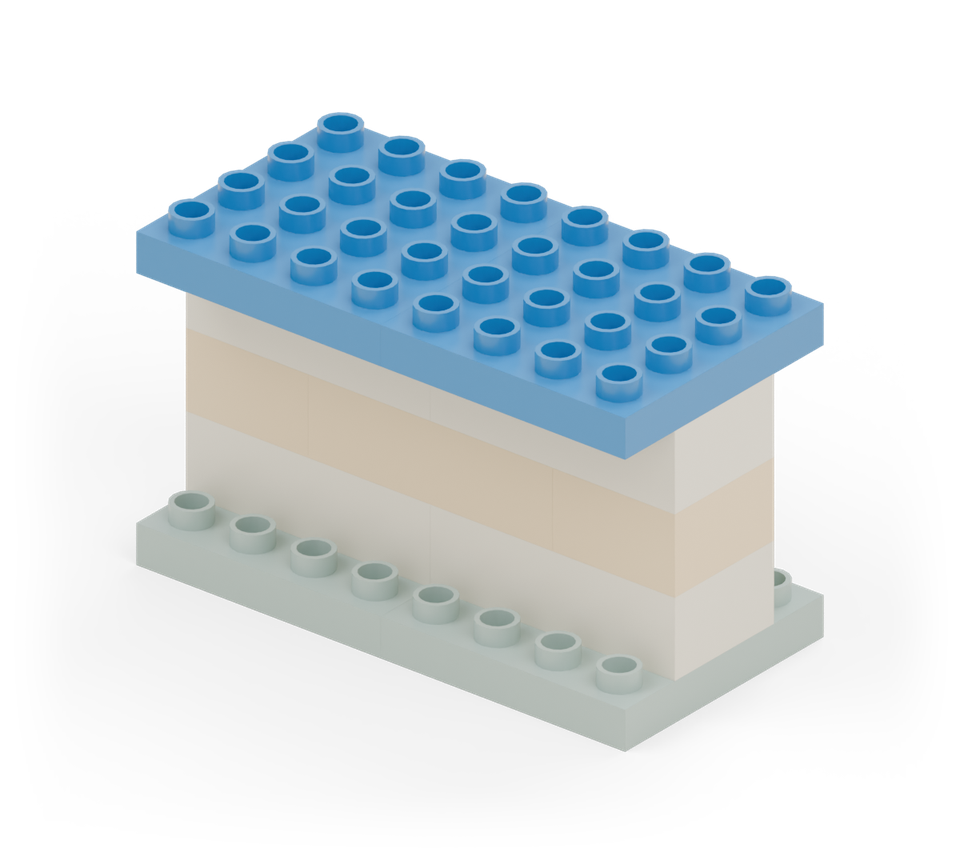 Add two blue square plates over the wall, lined up with the green base, for the walkway. New additions are shown in their original colours; earlier pieces are lighter.
