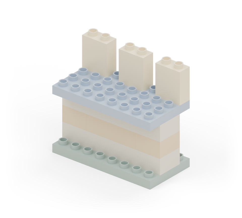 Make three cream battlements along the back edge. Leave one stud column between neighbours. The middle brick spans the seam between the blue plates. New additions are shown in their original colours; earlier pieces are lighter.