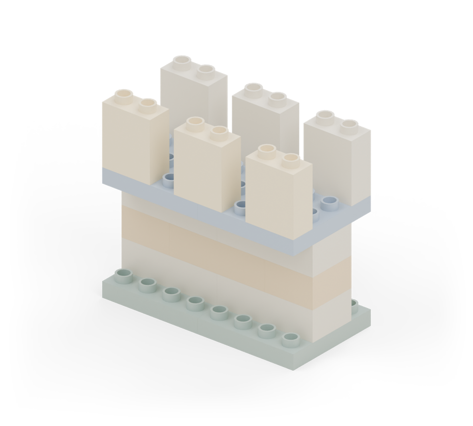 Make three cream battlements along the front edge. Leave one stud column between neighbours. The middle brick spans the seam between the blue plates. New additions are shown in their original colours; earlier pieces are lighter.