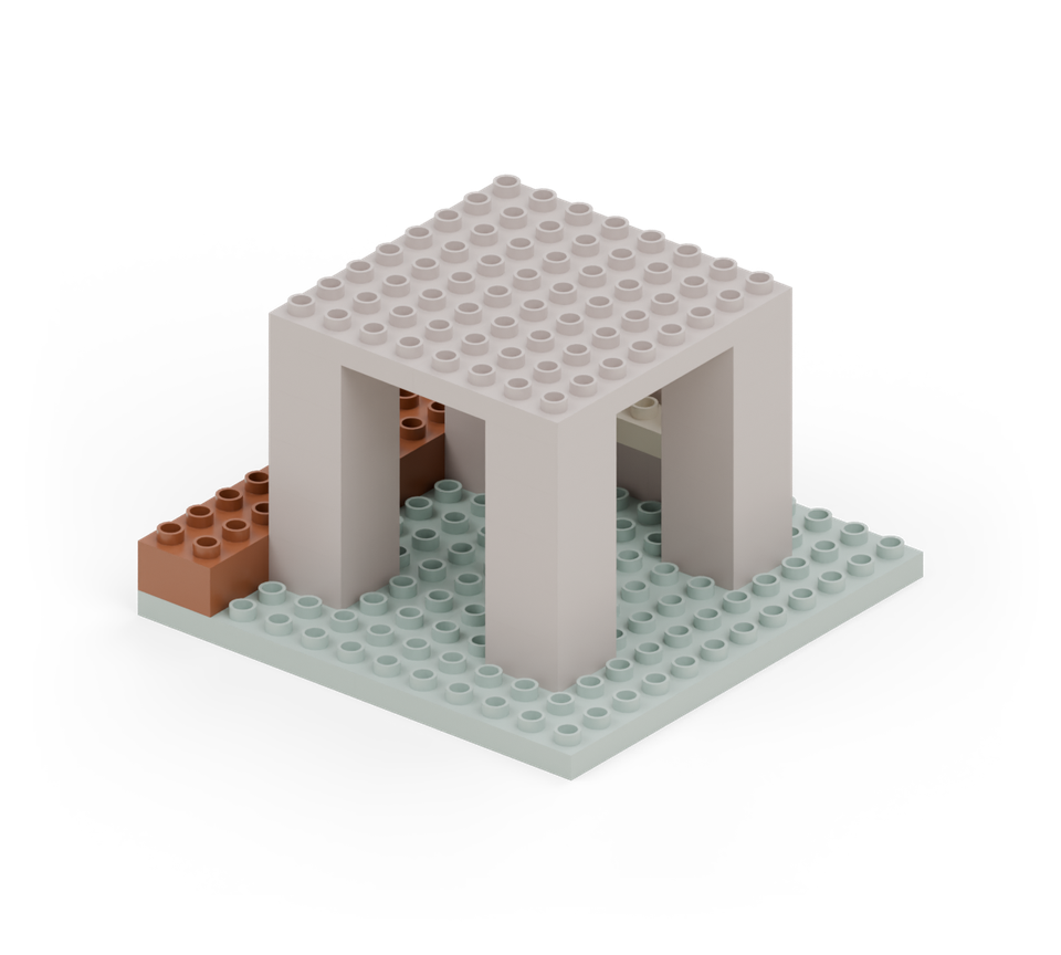 Start the staircase along the left edge of the garden. Place five brown square bricks in a line from front to back. New additions are shown in their original colours; earlier pieces are lighter.