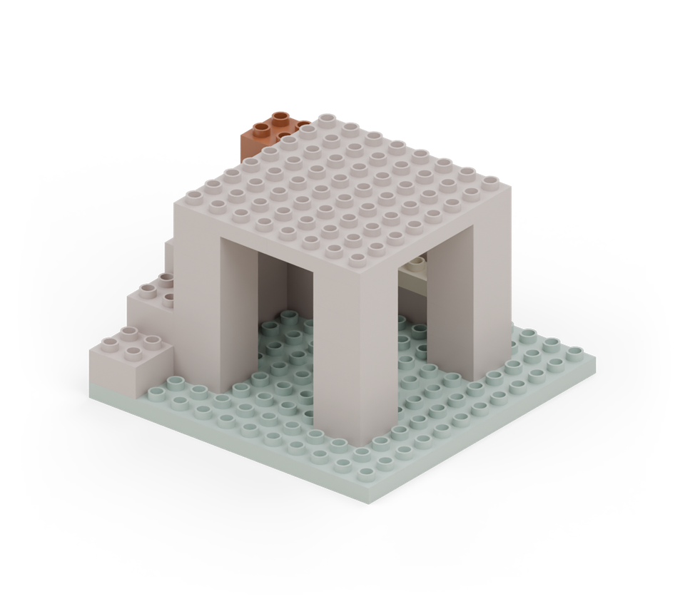 Put one brown square brick on the rearmost stair brick. The top step is now beside the raised deck. New additions are shown in their original colours; earlier pieces are lighter.