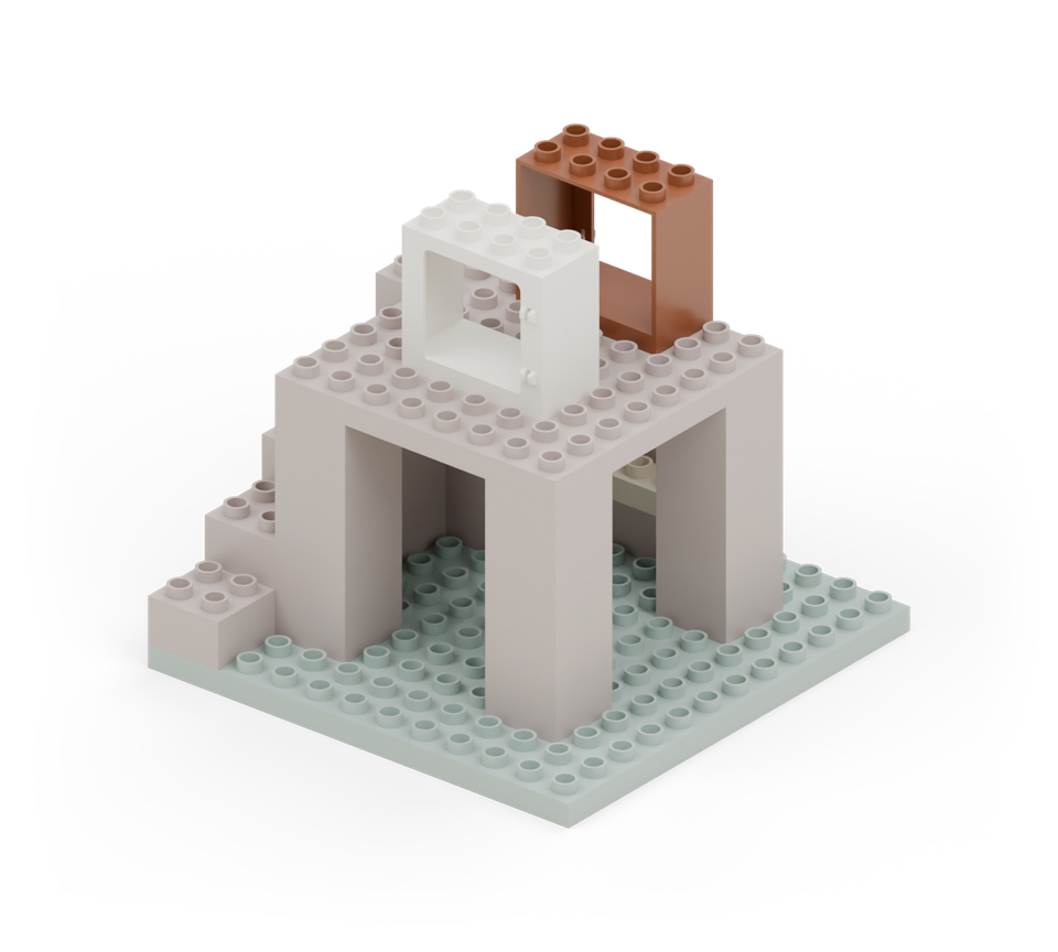 Place a brown window frame at the back of the cabin and a white frame at its front. The cabin is four studs wide and six studs deep, centred on the deck. New additions are shown in their original colours; earlier pieces are lighter.