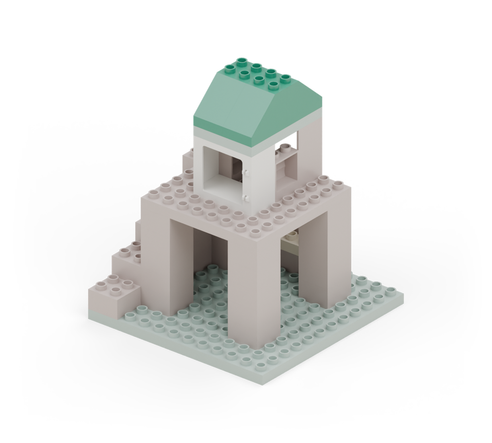 Make a pitched green roof with four tall roof slopes. Their low ends point outward toward the back and front. New additions are shown in their original colours; earlier pieces are lighter.