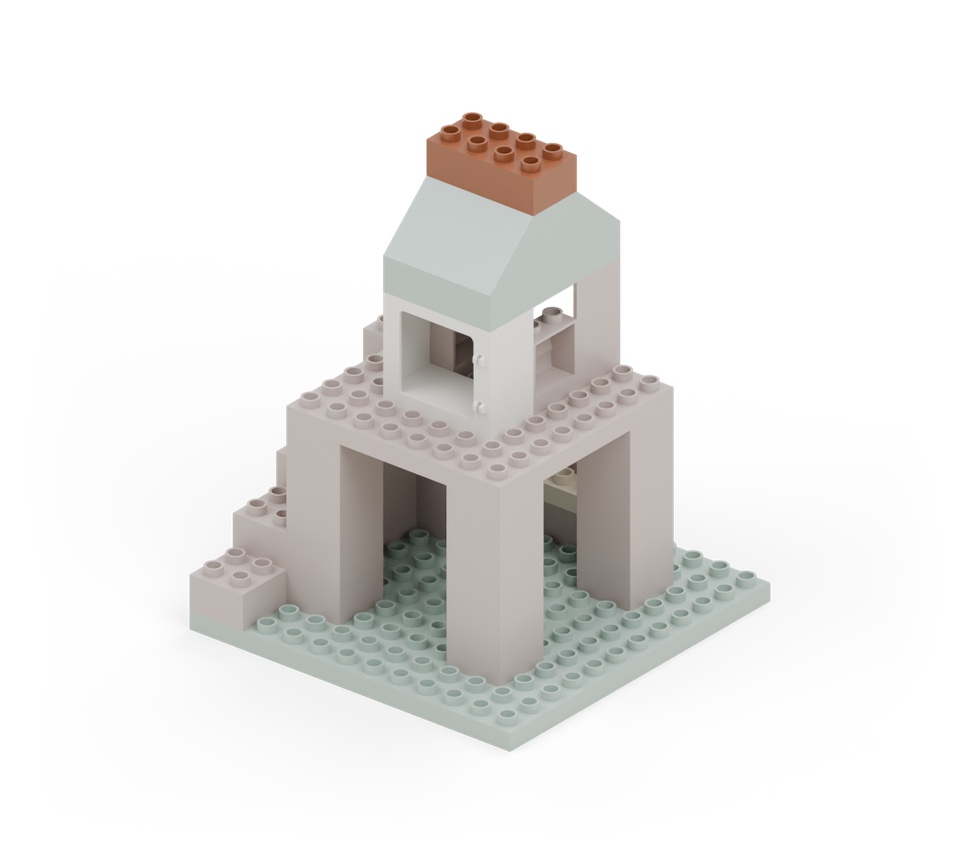 Cap the ridge with a brown long brick running across the cabin. New additions are shown in their original colours; earlier pieces are lighter.