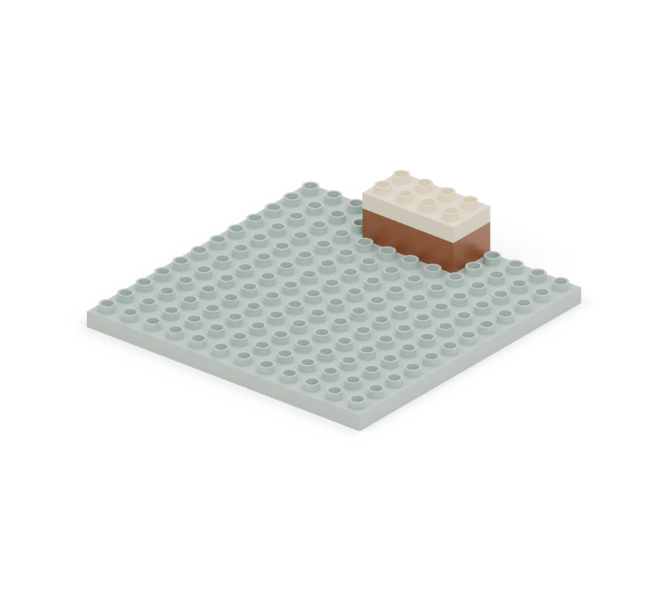 Make a garden bench behind the cabin: two brown square feet, then a cream small plate across them. New additions are shown in their original colours; earlier pieces are lighter.