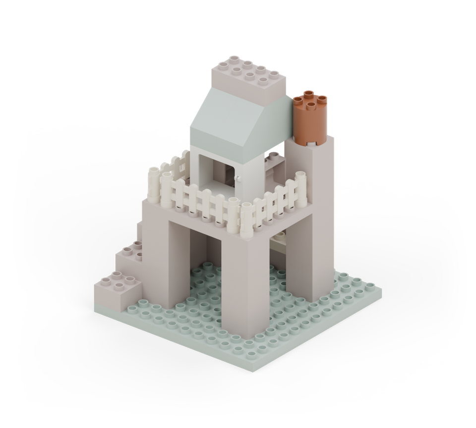Add a brown round tower brick to each rear trunk. These support the leafy canopy above the cabin. New additions are shown in their original colours; earlier pieces are lighter.