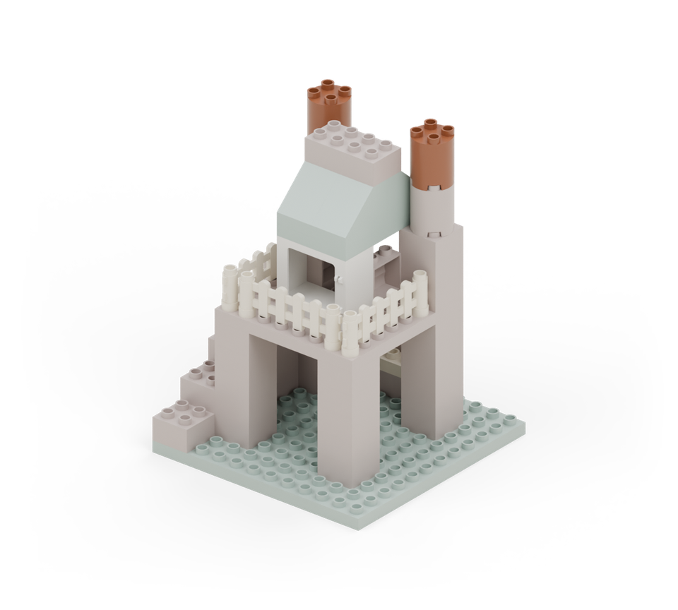 Add a brown round tower brick to each rear trunk again. These support the leafy canopy above the cabin. New additions are shown in their original colours; earlier pieces are lighter.