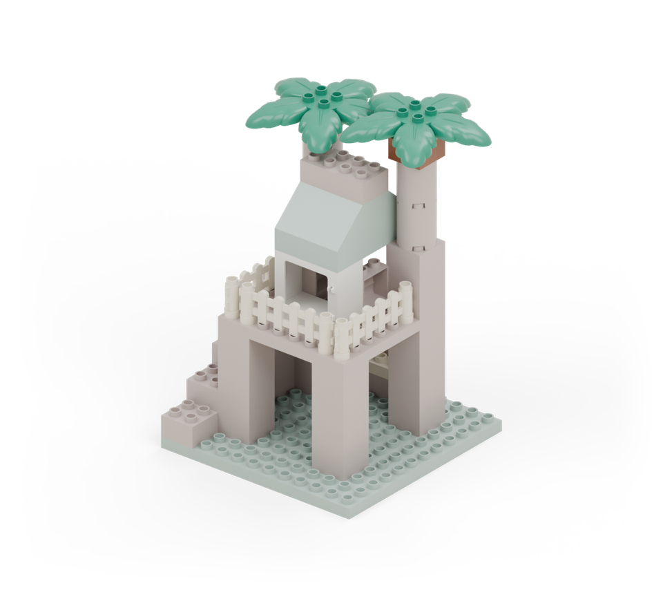 Raise the right branch by one brown square brick, then place green palm leaves on both branches. The right canopy sits one brick higher so the broad leaves clear each other. New additions are shown in their original colours; earlier pieces are lighter.