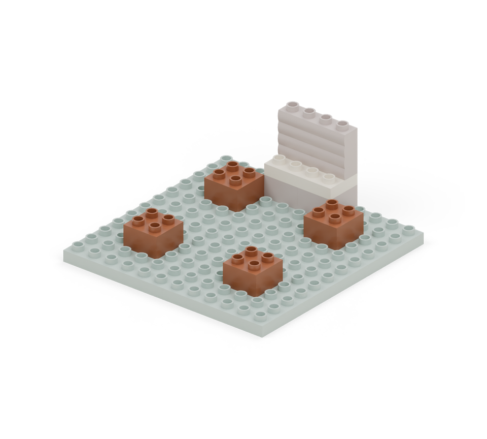 Start four trunks with brown square bricks in a square. Leave two rows of green studs between the outside edges of each trunk and the nearest garden edges. New additions are shown in their original colours; earlier pieces are lighter.