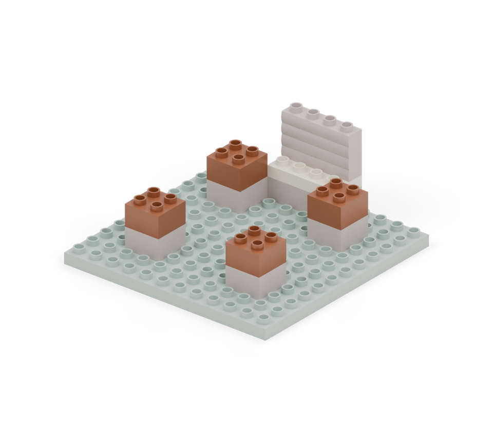 Add one brown square brick directly above each of the four trunks. New additions are shown in their original colours; earlier pieces are lighter.