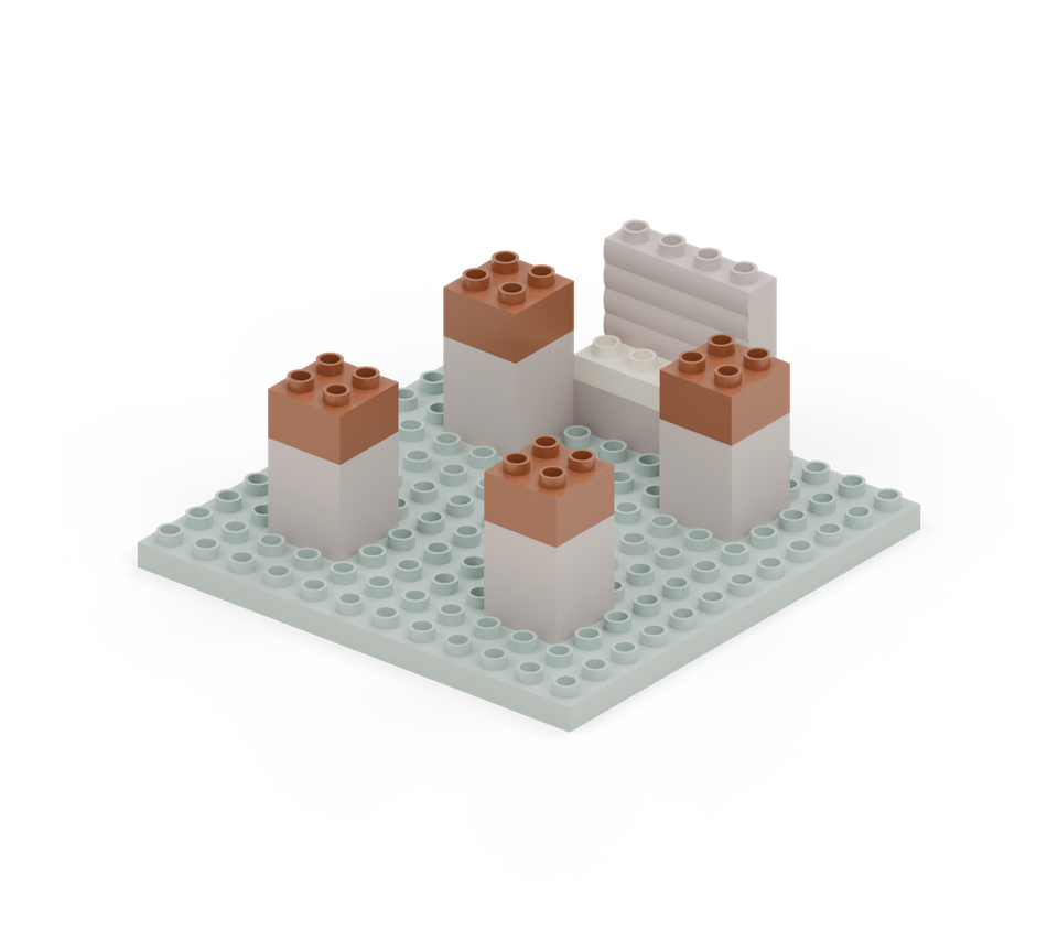 Add another brown square brick to each trunk. All four are now three bricks high. New additions are shown in their original colours; earlier pieces are lighter.