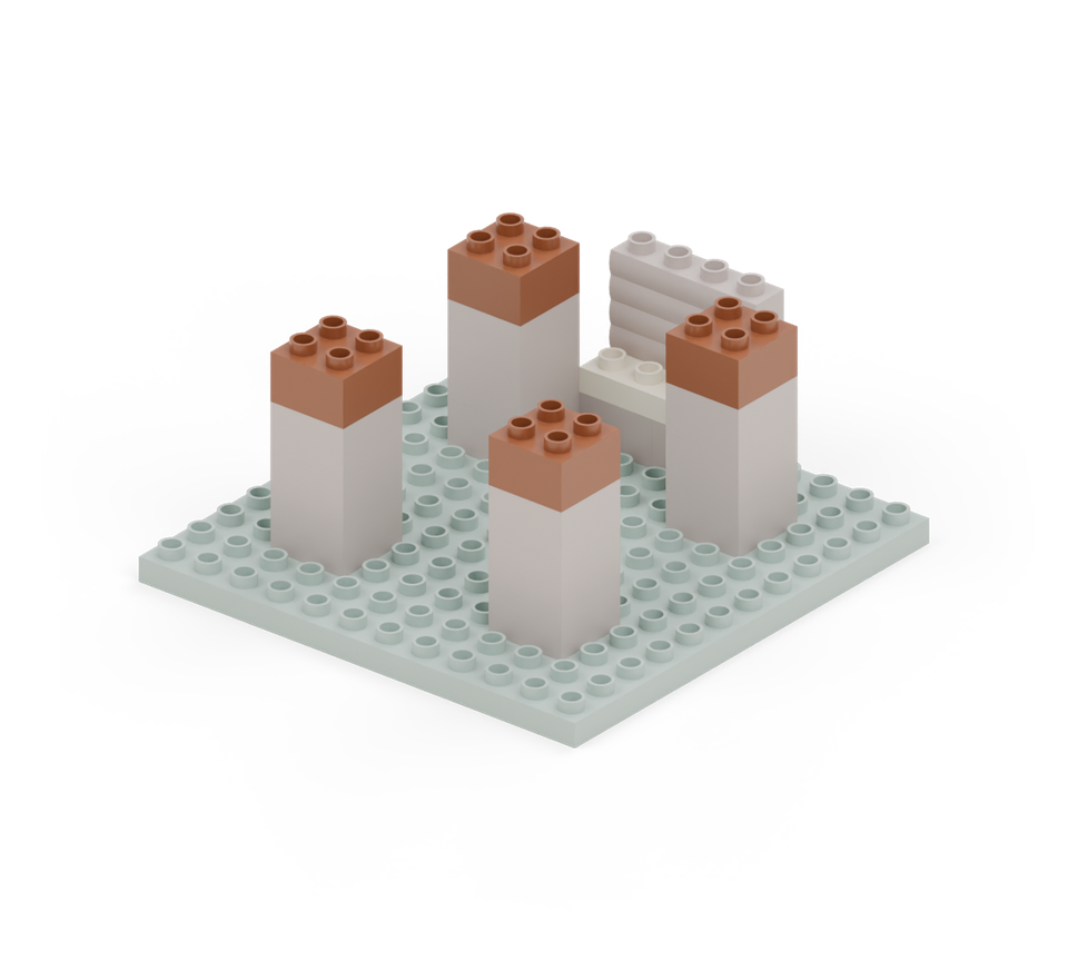 Add another brown square brick to each trunk, keeping all four at the same height. New additions are shown in their original colours; earlier pieces are lighter.