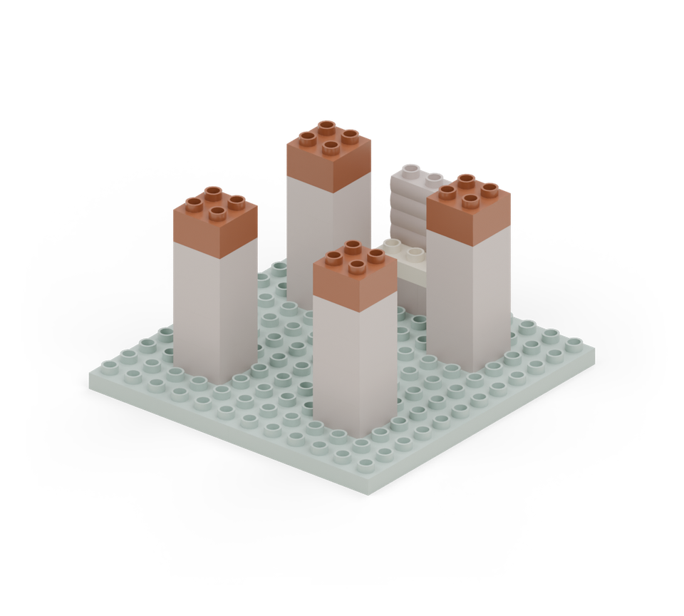 Add one more brown square brick to each trunk. All four should now be five bricks high. New additions are shown in their original colours; earlier pieces are lighter.