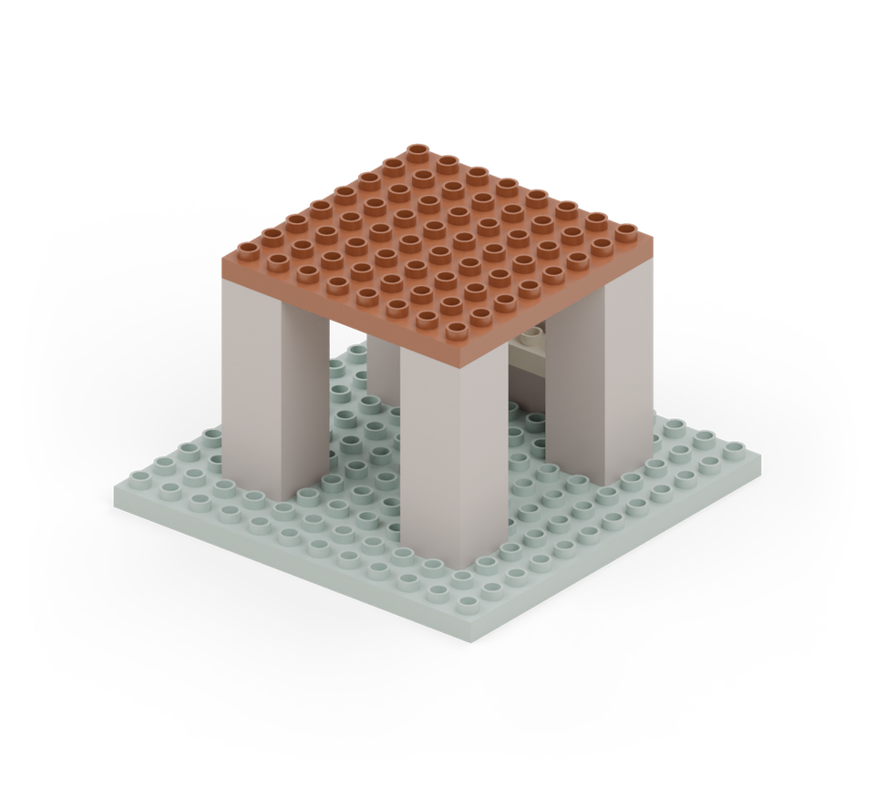 Make the raised deck with two brown base plates, side by side across the four trunks. Each plate runs eight studs from back to front. New additions are shown in their original colours; earlier pieces are lighter.