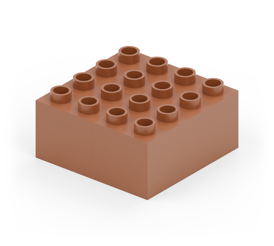 Step 1: Lay a brown 4 × 4 plate flat. Put two brown 2 × 4 bricks side by side on it.