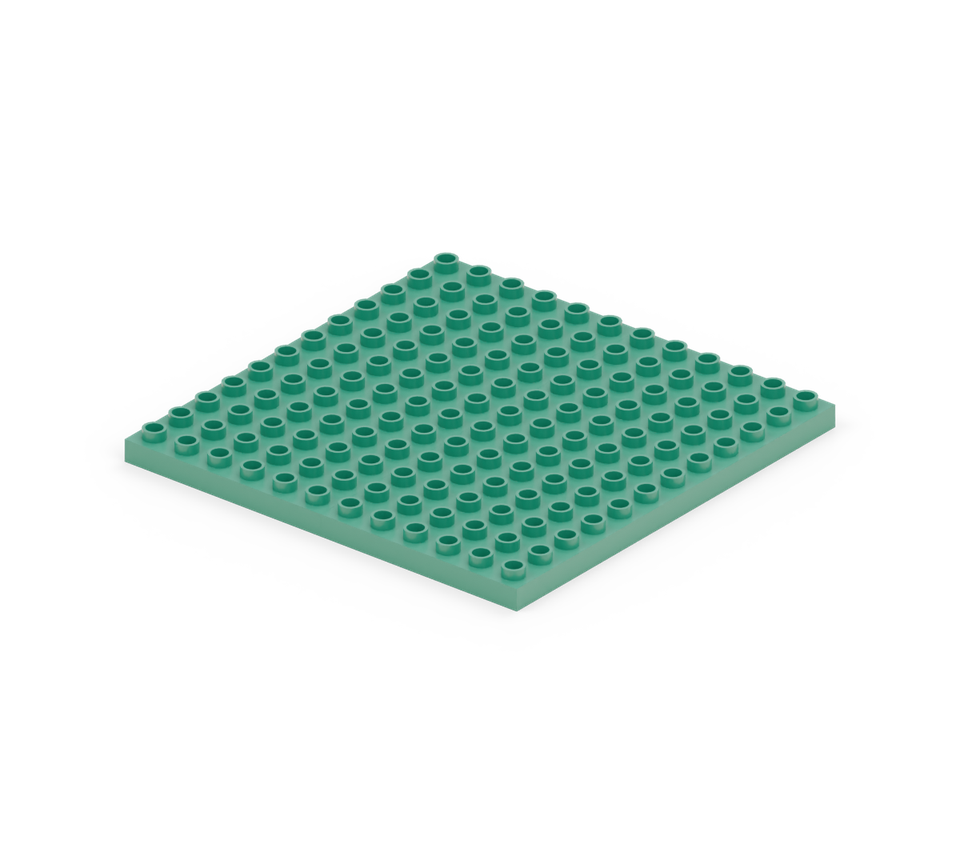 Set two green large base plates side by side to make a twelve-by-twelve-stud courtyard. New additions are shown in their original colours; earlier pieces are lighter.