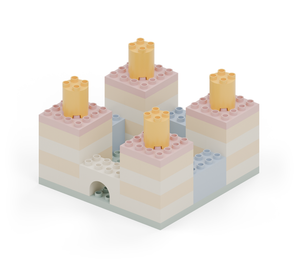 Centre one yellow round tower brick on each tower roof. New additions are shown in their original colours; earlier pieces are lighter.