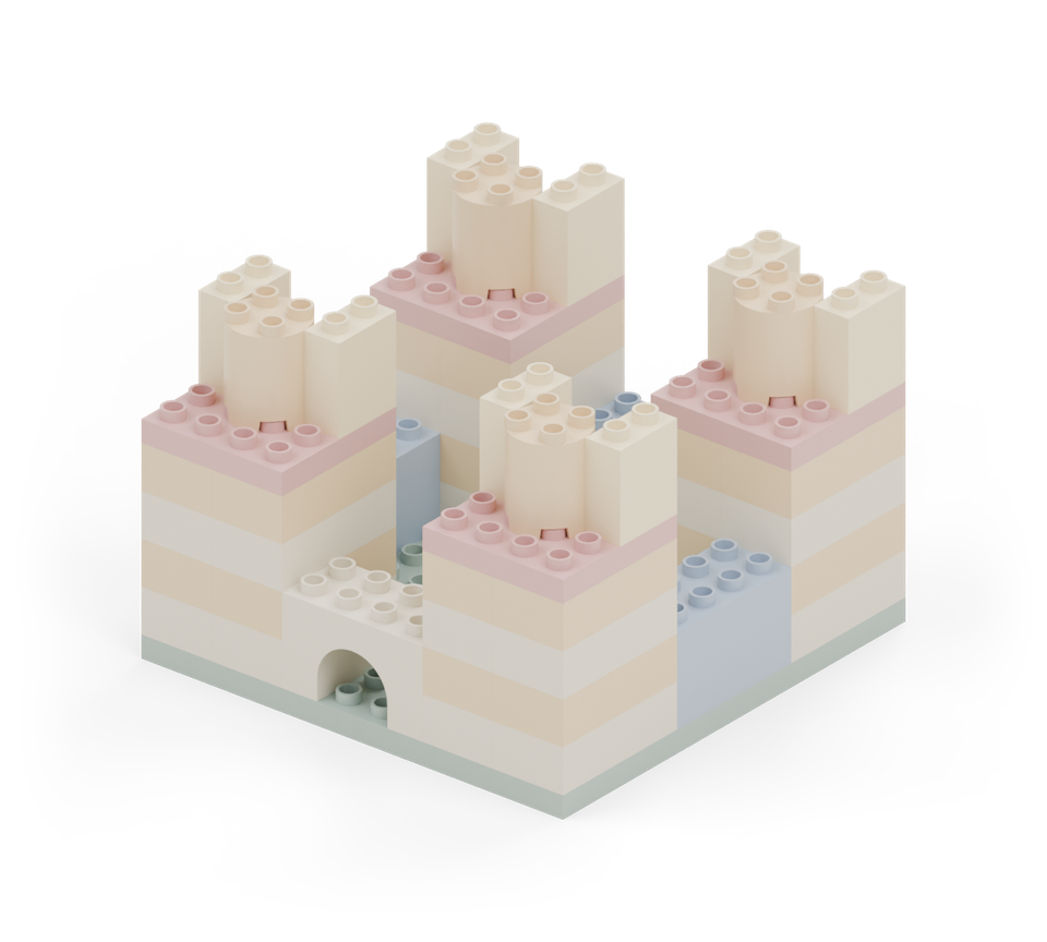 Add cream battlements to the rear half of each tower: one wall brick on each outside edge. New additions are shown in their original colours; earlier pieces are lighter.