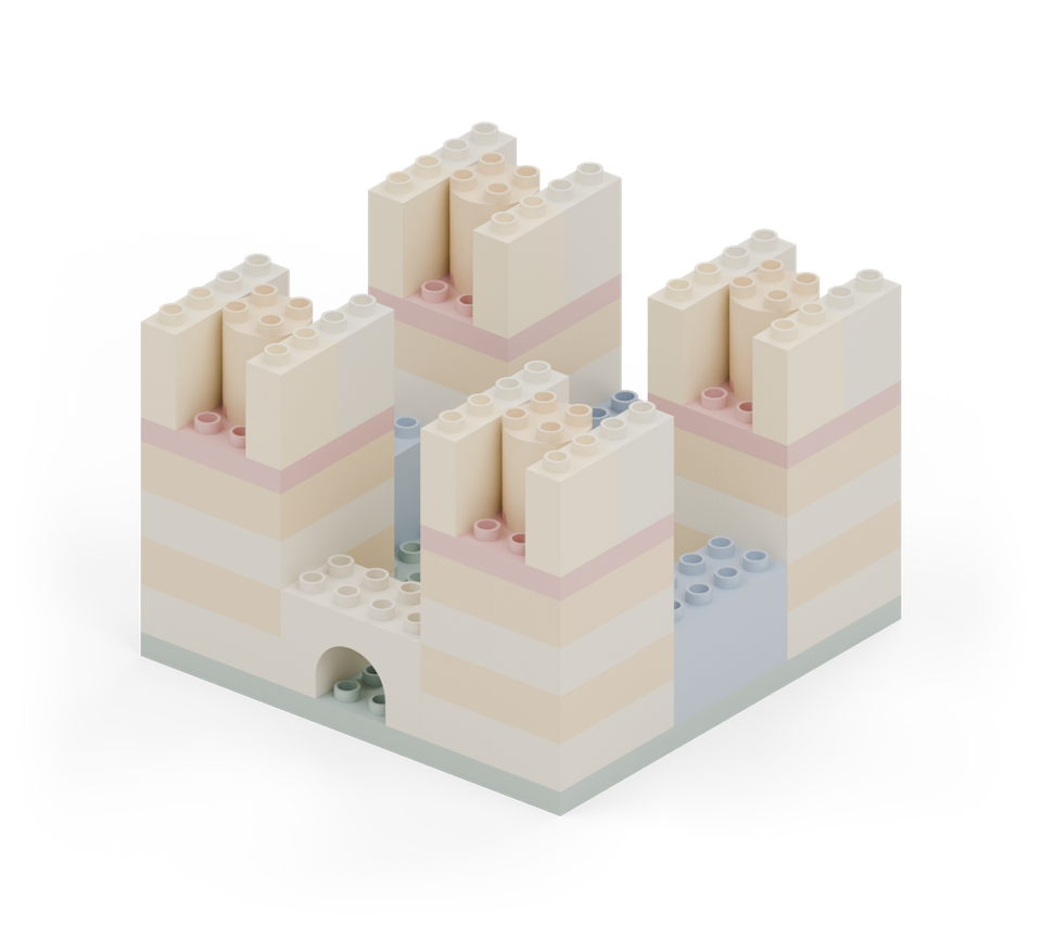 Add cream battlements to the front half of each tower: one wall brick on each outside edge. New additions are shown in their original colours; earlier pieces are lighter.
