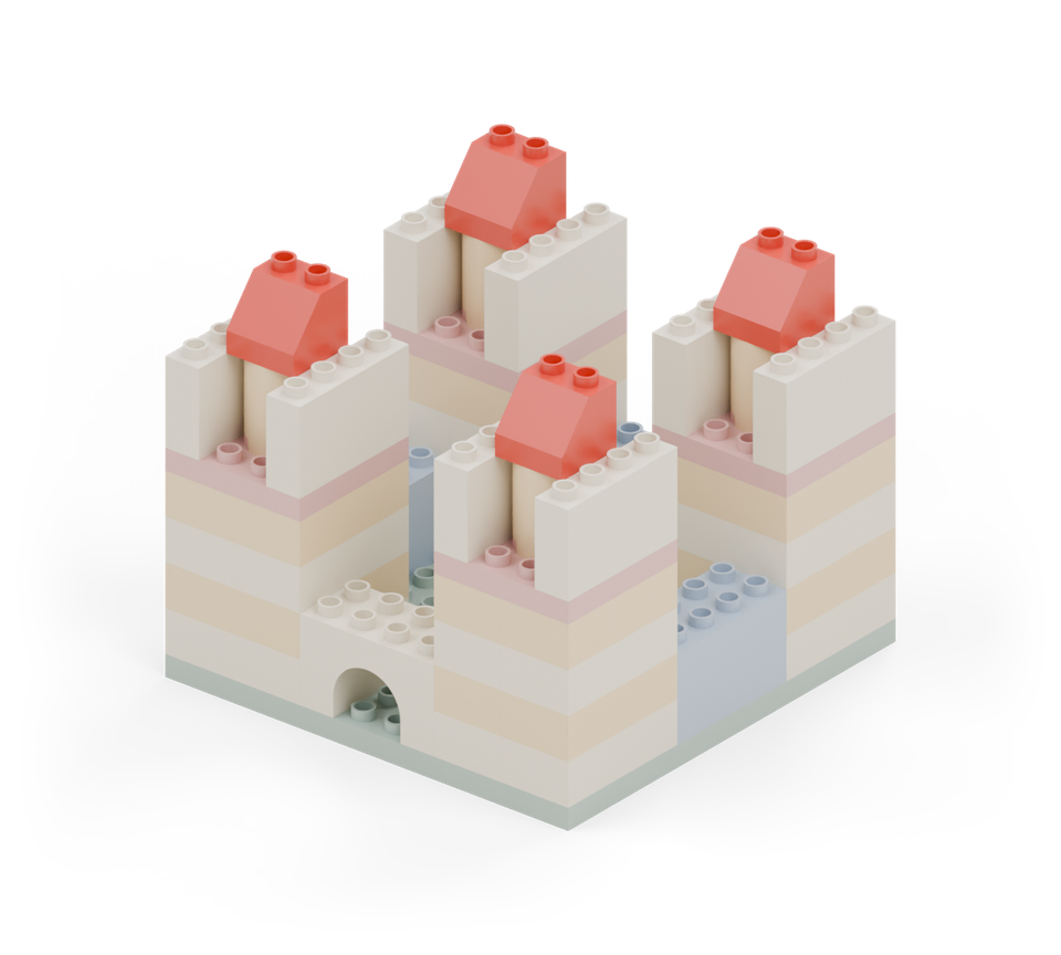 Add a red roof slope to each round turret, with all four slopes pointing toward the front entrance. New additions are shown in their original colours; earlier pieces are lighter.