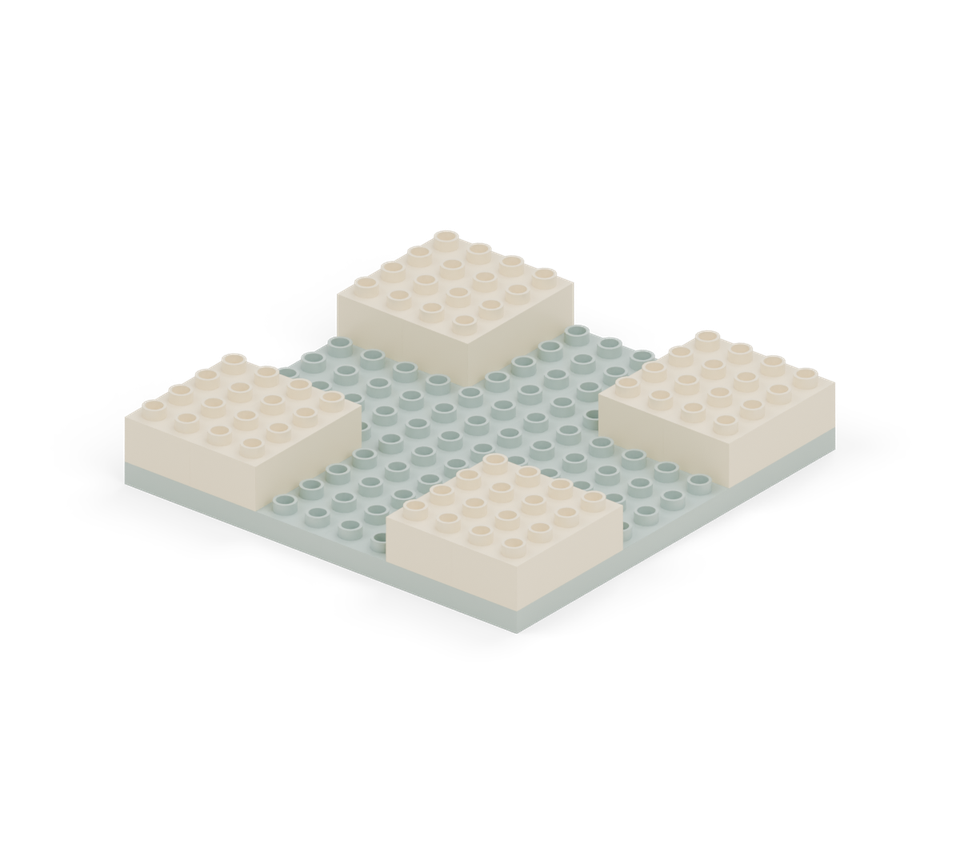 Start the four corner towers. At each corner, place two cream long bricks side by side to make a four-by-four square. New additions are shown in their original colours; earlier pieces are lighter.