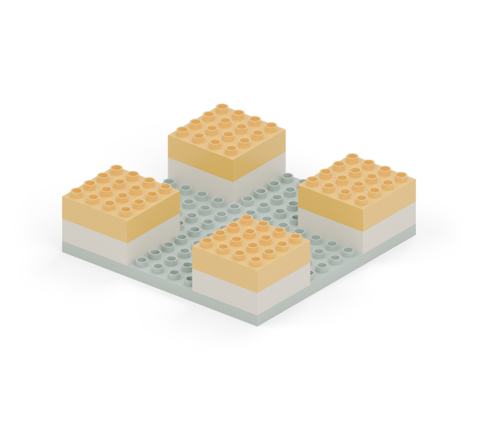 Add a yellow layer to each tower using two long bricks side by side. Line up the edges with the cream layer below. New additions are shown in their original colours; earlier pieces are lighter.