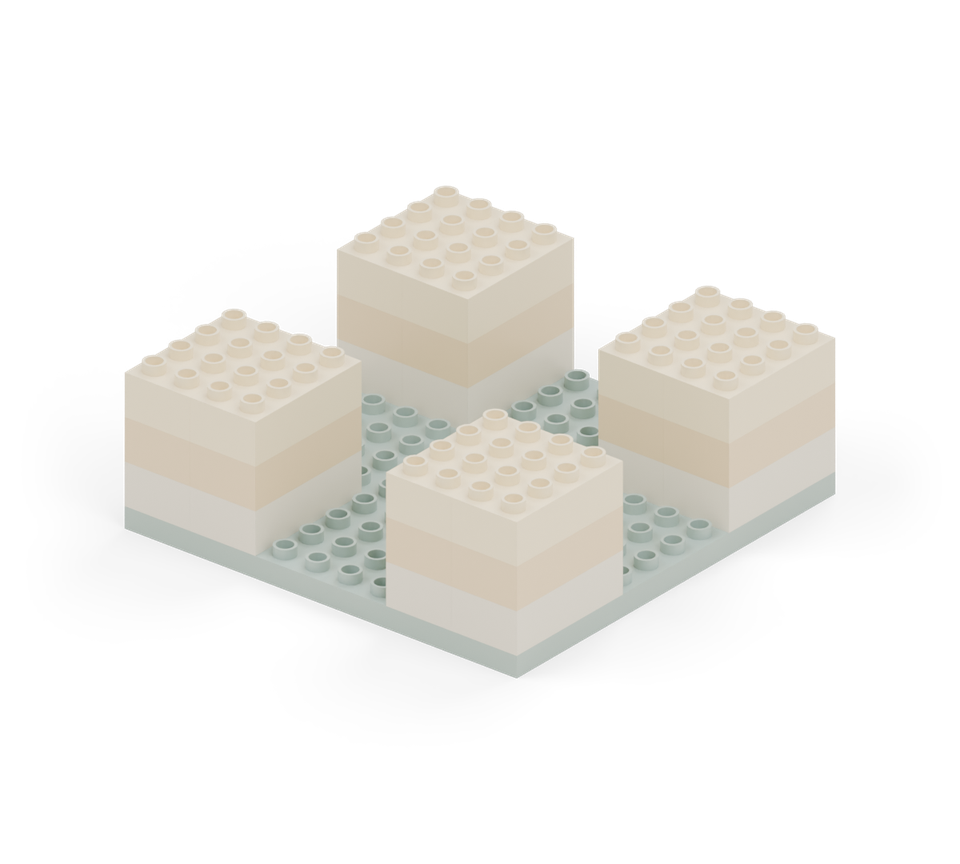 Add another cream layer to each tower using two long bricks side by side. New additions are shown in their original colours; earlier pieces are lighter.
