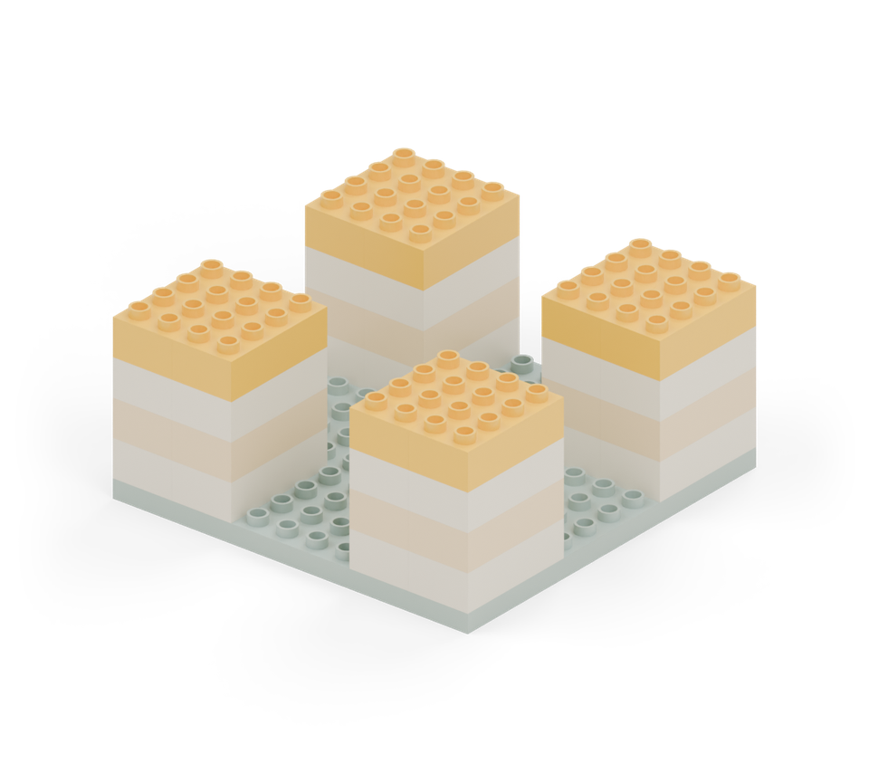 Add another yellow layer to each tower using two long bricks side by side. All four towers should now be four layers high. New additions are shown in their original colours; earlier pieces are lighter.