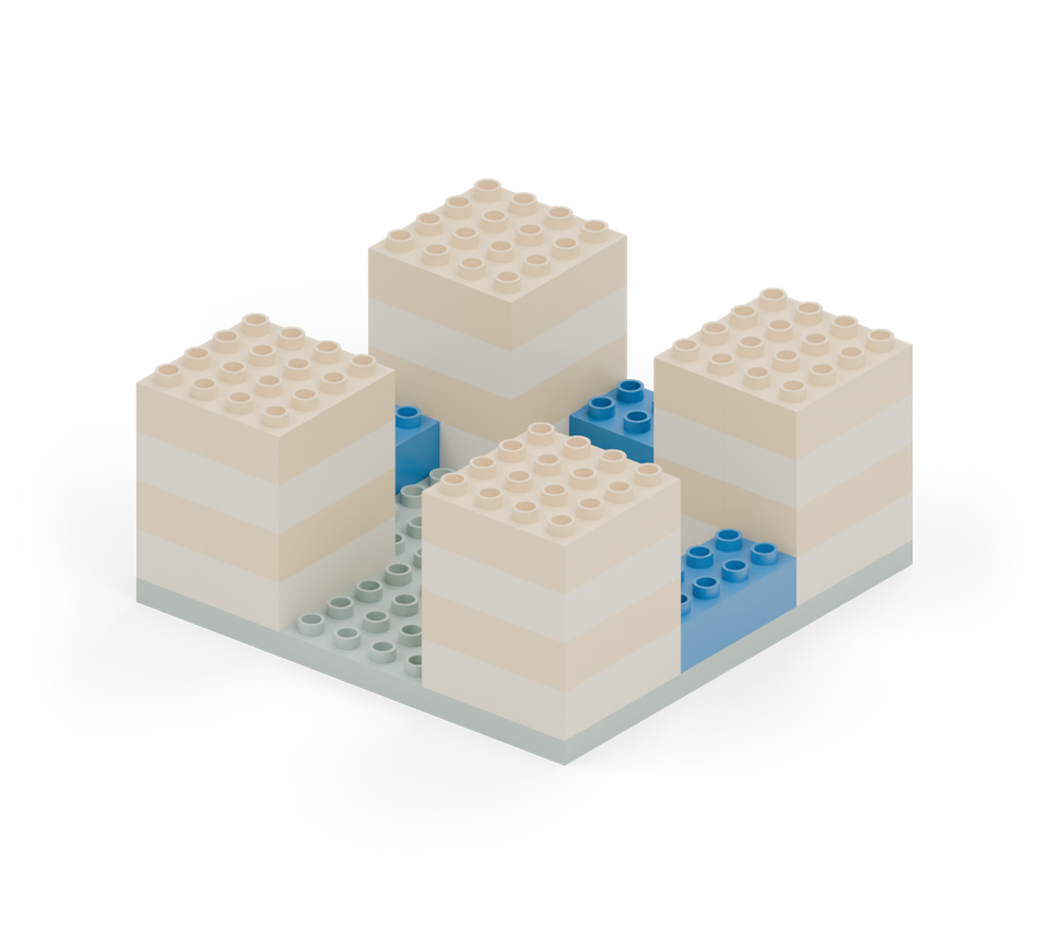 Join the rear towers with a blue wall, then join each pair of towers along the sides. Leave the front middle open. New additions are shown in their original colours; earlier pieces are lighter.